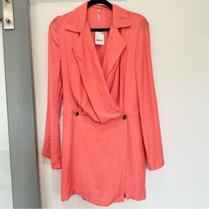 Free People Simone Long Sleeve Wrap Mini Dress in lipgloss Coral Sz Small NWT